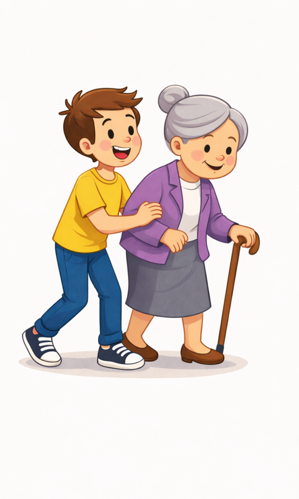 Eine matte Flat-Illustration im kindgerechten Vektor-/Cartoonstil zeigt einen Jungen, der einer älteren Frau beim Gehen hilft. Der Junge steht seitlich hinter der Frau, lächelt freundlich und stützt sie sanft am Arm. Die ältere Frau trägt eine lila Jacke und einen grauen Rock, lächelt ebenfalls und benutzt einen Gehstock. Der Hintergrund ist neutral und schlicht gehalten, sodass der Fokus auf der unterstützenden, hilfsbereiten Geste liegt.