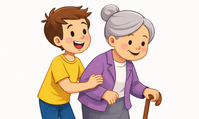 Eine matte Flat-Illustration im kindgerechten Vektor-/Cartoonstil zeigt einen Jungen, der einer älteren Frau beim Gehen hilft. Der Junge steht seitlich hinter der Frau, lächelt freundlich und stützt sie sanft am Arm. Die ältere Frau trägt eine lila Jacke und einen grauen Rock, lächelt ebenfalls und benutzt einen Gehstock. Der Hintergrund ist neutral und schlicht gehalten, sodass der Fokus auf der unterstützenden, hilfsbereiten Geste liegt.