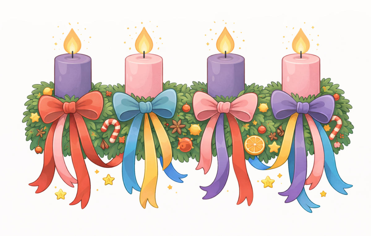 Matte Flat-Illustration im kindgerechten Vektor-/Cartoonstil eines Adventkranzes mit vier brennenden Kerzen in abwechselnd Lila und Rosa. Zwischen jeder Kerze befindet sich eine große Schleife mit langen, herabhängenden Bändern in verschiedenen Farben. Der Kranz besteht aus grünen Tannenzweigen und ist mit kleinen weihnachtlichen Elementen wie Sternen, Kugeln und Orangenscheiben dekoriert. Klare Formen, reduzierte Schattierungen und eine weiche, matte Farbpalette.