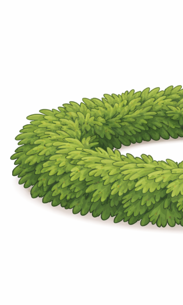 Matte Flat-Illustration im kindgerechten Vektor-/Cartoonstil eines schlichten Adventkranzes ohne Kerzen und ohne Dekoration. Der Kranz besteht aus dicht angeordneten, grünen Tannenzweigen in runder Form mit klaren, vereinfachten Blattstrukturen. Reduzierte Schattierungen, weiche matte Farbgebung und neutraler, heller Hintergrund.