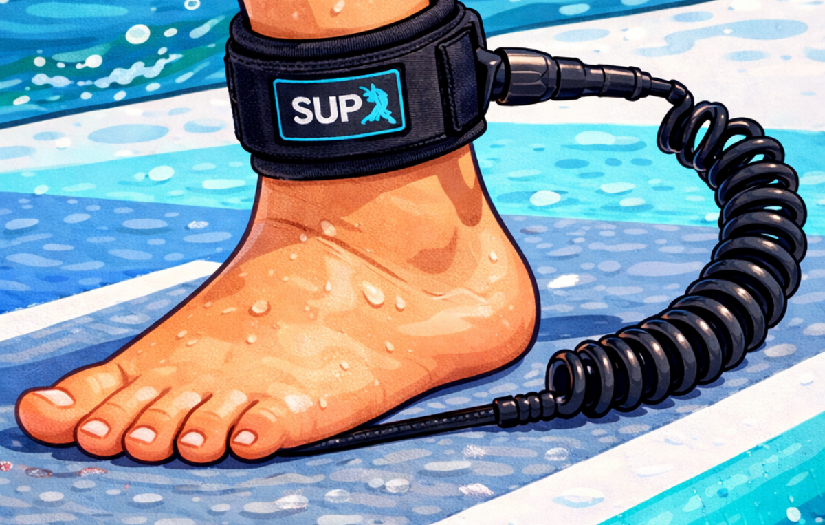 Cartoonartige Illustration eines Kinderfußes auf einem Stand-Up-Paddle-Board. Am Knöchel ist eine schwarze Sicherheitsleine (Leash) mit Klettverschluss befestigt, die spiralförmig mit dem Board verbunden ist. Das Board schwimmt auf blauem Wasser, kleine Wasserspritzer sind zu sehen. Die Darstellung ist farbenfroh, kindgerecht und mit klaren Konturen gezeichnet.