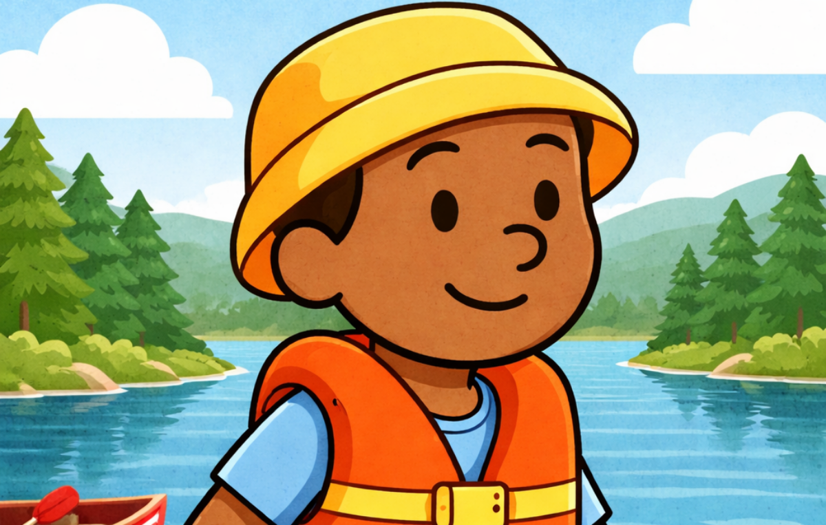 Eine freundliche Flat-Illustration im Vektor-/Cartoonstil zeigt ein lächelndes Kind mit dunkler Hautfarbe, das eine orangefarbene Schwimmweste und einen gelben Sonnenhut trägt. Das Kind läuft barfuß am Ufer eines Sees entlang. Im Hintergrund ist ein ruhiger See mit leichtem Wellengang zu sehen, umgeben von grünen Bäumen und sanften Hügeln. Ein kleiner Holzsteg mit einem roten Ruderboot sowie ein gelber Schwimmring liegen in der Nähe des Ufers. Die Szene wirkt sommerlich, sicher und kindgerecht gestaltet.