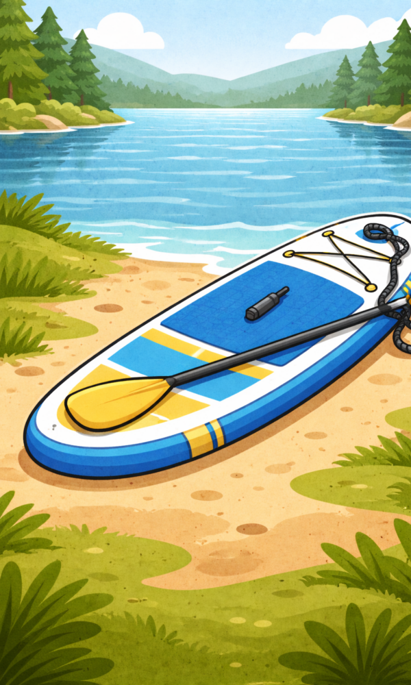Eine Flat-Illustration im Vektor-/Cartoonstil zeigt ein Stand-up-Paddleboard am Ufer eines Sees. Das Board ist weiß mit blauen und gelben Akzenten und liegt auf einem sandigen Seeufer. Auf dem Board befindet sich ein Paddel mit schwarzem Schaft und gelbem Blatt. Im Hintergrund ist ein ruhiger See mit leichtem Wellengang zu sehen, umgeben von grünen Bäumen und sanften Hügeln. Die Szene wirkt sommerlich und naturverbunden.