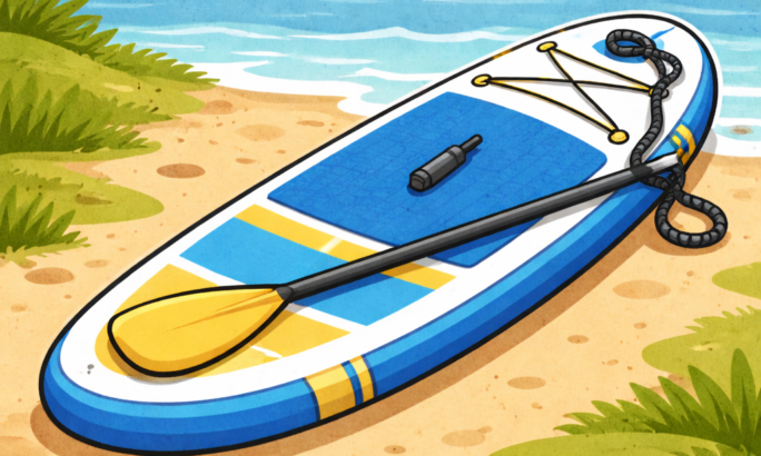Eine Flat-Illustration im Vektor-/Cartoonstil zeigt ein Stand-up-Paddleboard am Ufer eines Sees. Das Board ist weiß mit blauen und gelben Akzenten und liegt auf einem sandigen Seeufer. Auf dem Board befindet sich ein Paddel mit schwarzem Schaft und gelbem Blatt. Im Hintergrund ist ein ruhiger See mit leichtem Wellengang zu sehen, umgeben von grünen Bäumen und sanften Hügeln. Die Szene wirkt sommerlich und naturverbunden.