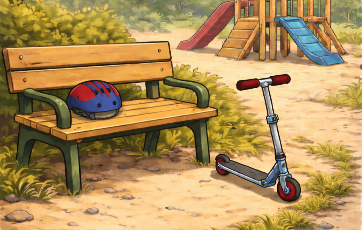 Eine matte Flat-Illustration im kindgerechten Vektor-/Cartoonstil zeigt einen Spielplatz im Grünen. Im Vordergrund steht eine Holzbank mit grünen Metalllehnen auf einem sandigen Weg. Auf der Bank liegt ein Fahrradhelm. Direkt neben der Bank steht ein Tretroller. Im Hintergrund sind Spielgeräte wie Rutschen und Kletterelemente zu sehen, umgeben von Bäumen und Büschen. Die Szene wirkt ruhig, freundlich und alltagsnah.