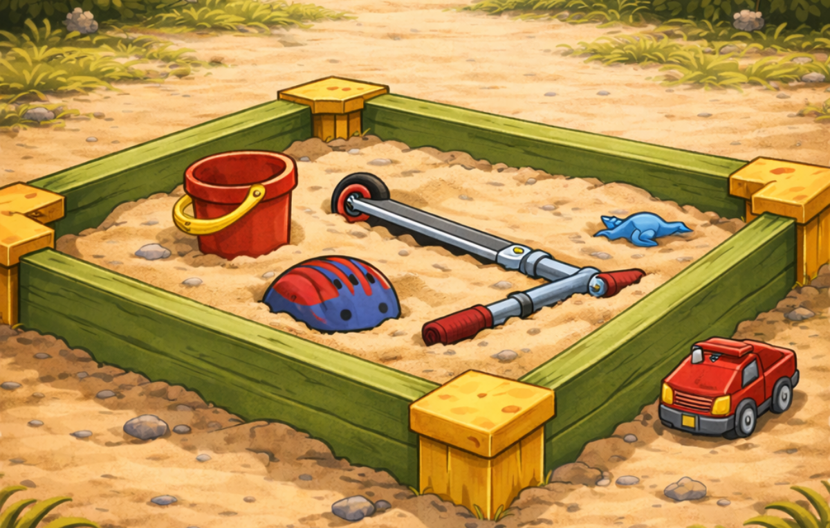 Eine matte Flat-Illustration im kindgerechten Vektor-/Cartoonstil zeigt eine Sandkiste auf einem Spielplatz im Grünen. Die Sandkiste ist mit grünen Holzbalken eingefasst. Im Sand liegen ein Tretroller und ein Helm, die leicht eingegraben sind. Zusätzlich befinden sich ein roter Eimer, eine kleine Schaufel und eine Sandform in der Kiste. Im Hintergrund sind Bäume, Büsche und ein heller Himmel zu sehen. Die Szene wirkt ruhig, freundlich und alltagsnah.