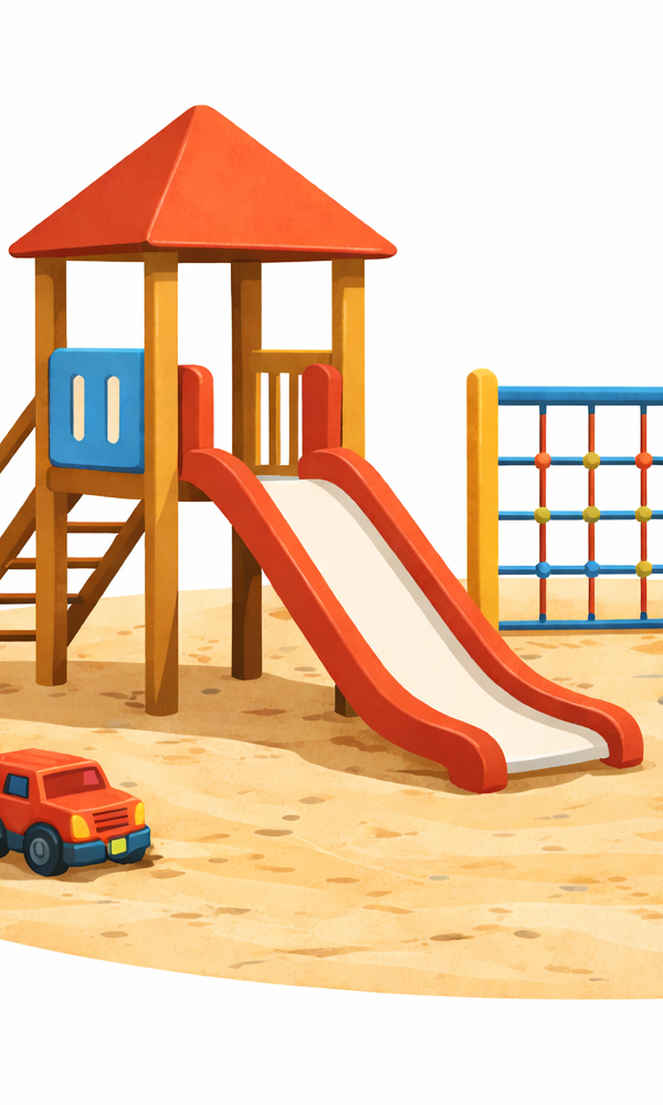 Eine matte Flat-Illustration im kindgerechten Vektor-/Cartoonstil zeigt einen Spielplatz auf sandigem Untergrund. Im Vordergrund befindet sich ein kleines Spielhaus mit rotem Dach, Leiter und einer roten Rutsche. Daneben steht ein buntes Klettergerüst mit farbigen Elementen. Rechts ist eine Schaukel mit rotem Sitz an einem Holzgestell zu sehen. Auf dem Sand liegt ein rotes Spielzeugauto. Der Hintergrund ist hell und neutral gehalten, sodass der Fokus vollständig auf den Spielgeräten liegt. Die Farben sind harmonisch und leicht matt, mit klaren Konturen und weichen Formen.