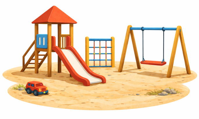 Eine matte Flat-Illustration im kindgerechten Vektor-/Cartoonstil zeigt einen Spielplatz auf sandigem Untergrund. Im Vordergrund befindet sich ein kleines Spielhaus mit rotem Dach, Leiter und einer roten Rutsche. Daneben steht ein buntes Klettergerüst mit farbigen Elementen. Rechts ist eine Schaukel mit rotem Sitz an einem Holzgestell zu sehen. Auf dem Sand liegt ein rotes Spielzeugauto. Der Hintergrund ist hell und neutral gehalten, sodass der Fokus vollständig auf den Spielgeräten liegt. Die Farben sind harmonisch und leicht matt, mit klaren Konturen und weichen Formen.