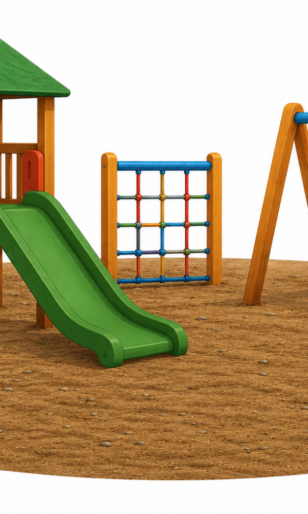 Eine matte Flat-Illustration im kindgerechten Vektor-/Cartoonstil zeigt einen Spielplatz auf sandigem Untergrund. Im Vordergrund befindet sich ein kleines Spielhaus mit rotem Dach, Leiter und einer roten Rutsche. Daneben steht ein buntes Klettergerüst mit farbigen Elementen. Rechts ist eine Schaukel mit rotem Sitz an einem Holzgestell zu sehen. Auf dem Sand liegt ein rotes Spielzeugauto. Der Hintergrund ist hell und neutral gehalten, sodass der Fokus vollständig auf den Spielgeräten liegt. Die Farben sind harmonisch und leicht matt, mit klaren Konturen und weichen Formen.