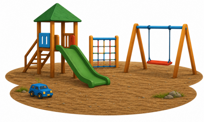 Eine matte Flat-Illustration im kindgerechten Vektor-/Cartoonstil zeigt einen Spielplatz auf sandigem Untergrund. Im Vordergrund befindet sich ein kleines Spielhaus mit rotem Dach, Leiter und einer roten Rutsche. Daneben steht ein buntes Klettergerüst mit farbigen Elementen. Rechts ist eine Schaukel mit rotem Sitz an einem Holzgestell zu sehen. Auf dem Sand liegt ein rotes Spielzeugauto. Der Hintergrund ist hell und neutral gehalten, sodass der Fokus vollständig auf den Spielgeräten liegt. Die Farben sind harmonisch und leicht matt, mit klaren Konturen und weichen Formen.